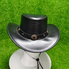 Cowboy Black Leather Outback Hat – Wide Brim with Brass Conchos – Size XS to 4XL