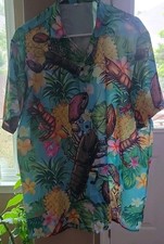 Men's Multicolor Hawaiian Lobster & Pineapple Graphic Print Button-Up Shirt L