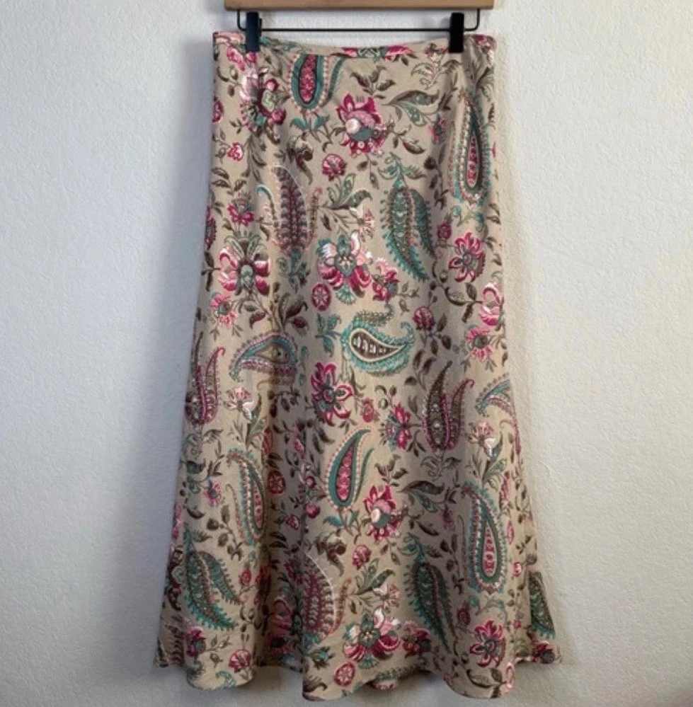 East 5th Linen Blend Skirt Sz 6 Boho Fairy Paisley Maxi Hippie Festival Cottage