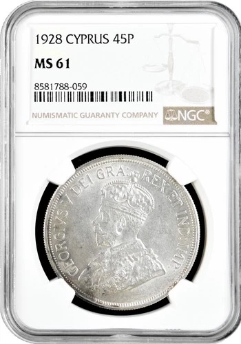 Cyprus 45 piastres 1928, NGC MS61, "50th Anniv. - English Cyprus" silver coin