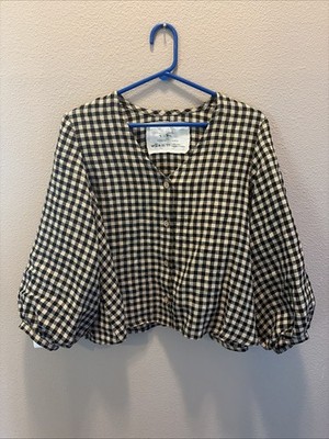 NotPerfectLinen Elmina -2 Button Up Linen Shirt Mid Sand Gingham S/M    W/ Mods