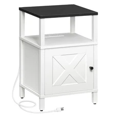 MAHANCRIS Farmhouse Nightstand with Charging Station, White Bedside Table wit...