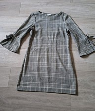 H&M Black & Grey Check Stretch Tunic Dress Tie Sleeves Smart Office Work UK10