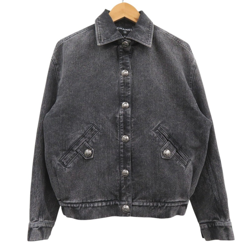 AUTHENTIC CHANEL P74033V65658 Logo Embroidered Denim Jacket COCO