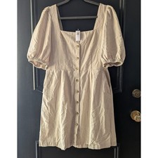 Old Navy Linen Blend Button Front Puff Sleeve Smocked Back Dress Oatmeal L Tall