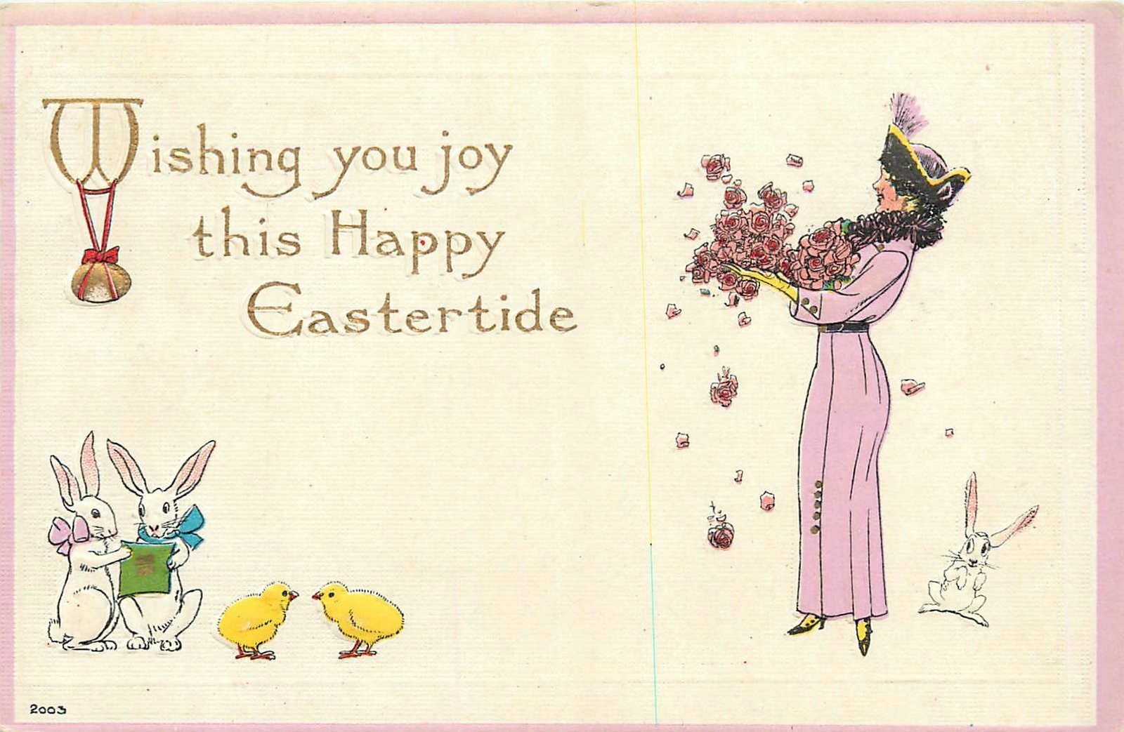 c1910 Easter Rabbits Fashion Woman artist impression Postcard 26-3285