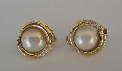 Ohrclips mit Stecker 14 Kt. 585 Gold Mabeperle Perle Brillanten Diamant .
