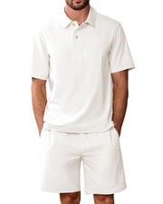 Mens Cotton Blend Piece Outfit Half Button Shirt and Drawstring Shorts Set Ca...