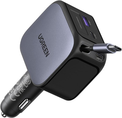UGREEN 145W 4-Port Retractable Car Charger with 60W Retractable Cable | 3 USB-C