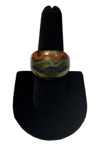 Artisan Glass Ring Made In India Size 7.5 Boho, Tribal, OOAK Blu,Red,Grn Wave