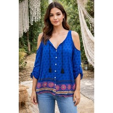 Minkpink Top Blouse Women's Size S Cold Shoulder Keyhole Tunic Tassel Boho Blue