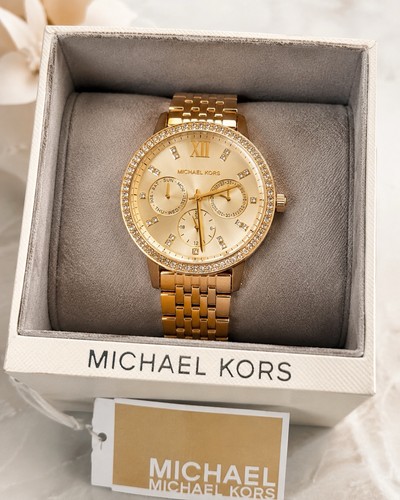 Michael Kors MKO1080 Melissa Gold tone Crystal Bezel Watch NWT Box Tag