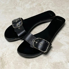 Rare Auth HERMES Women's Flat Shoes Sandals Black Logo Belt EU38 US8 UK5 Leather