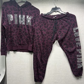 Victoria&rsquo;s Secret Pink Maroon And Black Leopard Print Hoodie And Matching Jogger