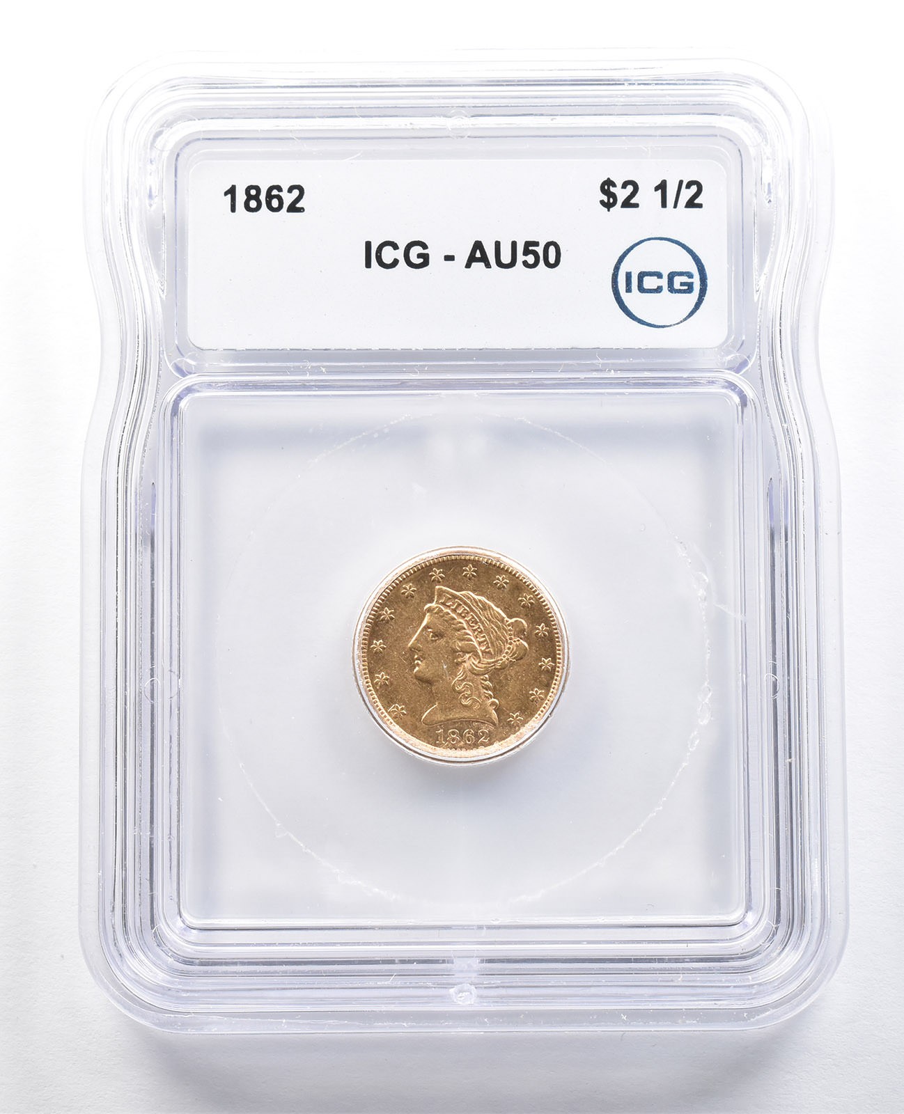 1862 $2.50 Liberty Head Gold Quarter Eagle AU50 ICG *4871