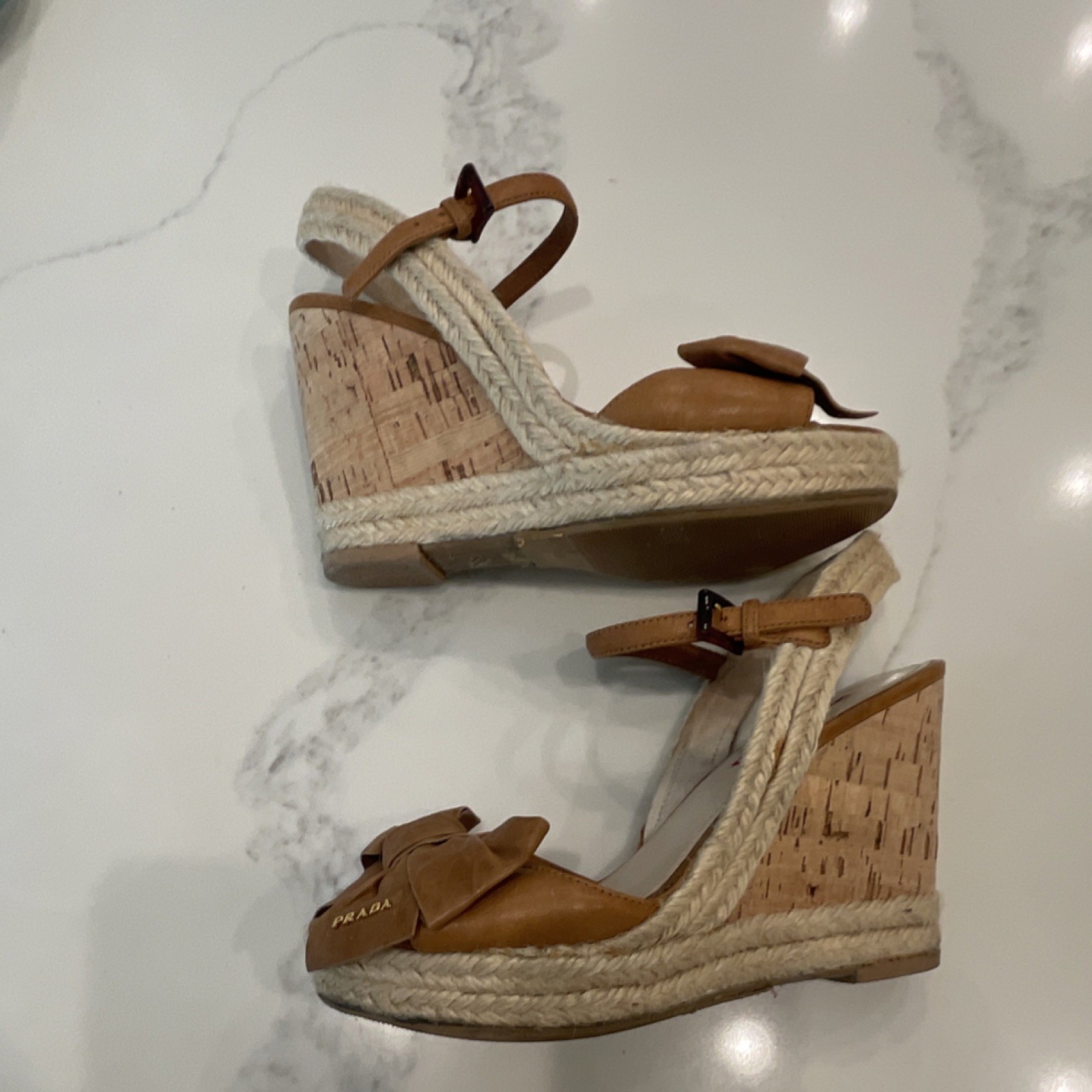 PRADA Brown Leather Espadrille Wedge Sandals Bow Accent Ankle Strap Buckle thumbnail 2
