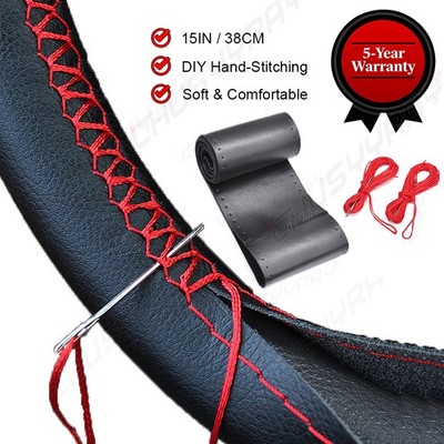 14 inch Black Car Steering Wheel Cover Leather With Needle Thread Hand Stitched