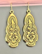 Victorian Art Nouveau Revival Repoussé Floral Dangle Earrings  Scalloped Drop