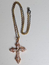 Rose Gold Tone Cross Pendant Necklace Rhinestones Gold And Silver Tone Chain
