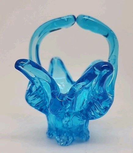 Vintage Murano Blue Glass Basket Glass Small 3.5” Tall x 5” Wide