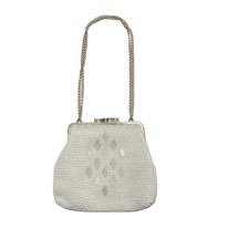 BEADED WHITE EVENING PURSE, KISSLOCK CLOSE, GOLD CHAIN STRAP, MADE IN HONG KONG