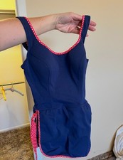 Vintage Jantzen Navy Blue One-Piece Swimsuit with Red Polka Dot Trim 1950s