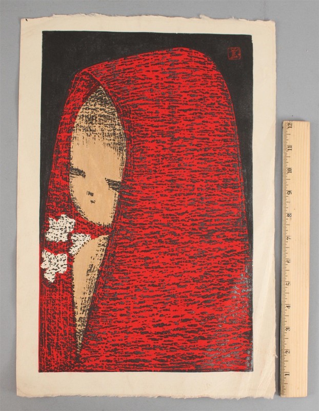Mid-Century Modernist KAORU KAWANO Dream Girl Japanese Woodblock Print w/ Mica
