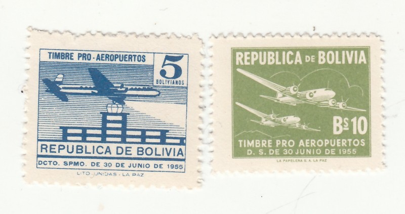 Bolivia  1955. Postal Tax. Plane over Airport. Aiplanes. SC#  RA23, RA24.    MNH
