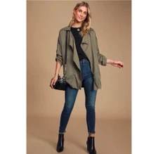 Lulus Oversized Boho Open Front Blazer Olive Longline Green Size S