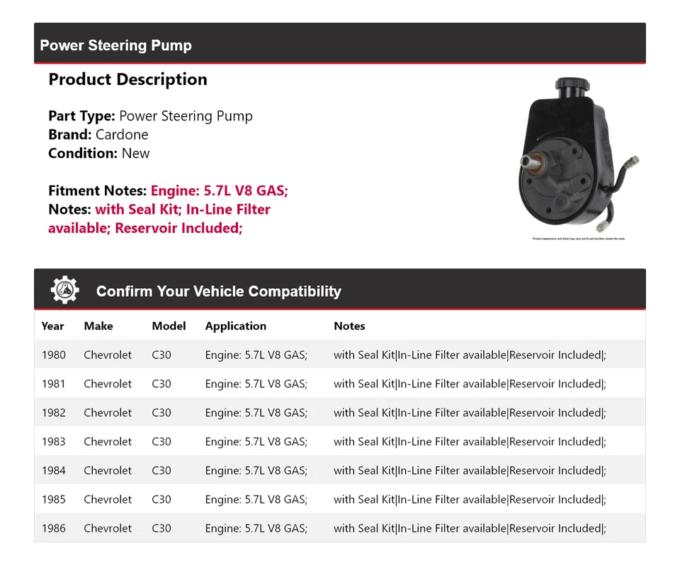 For 1980-1986 Chevrolet C30 5.7L V8 GAS Power Steering Pump Cardone 1981 1982 - Image 2 of 4