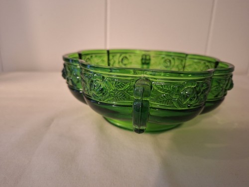 Vintage Jeannette Glass Co Handled Dip Bowl Candy Dish Green Scalloped Rose - Picture 4 of 7