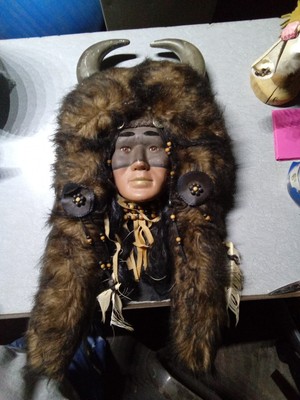 Native American Indian Spirit Mask Face Wall Hanging Real Fur Feathers