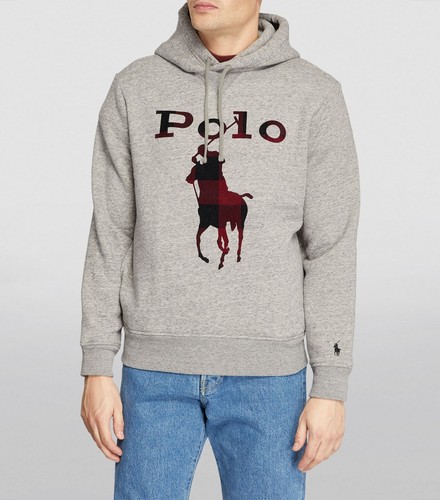 Polo Ralph Lauren Gray HTR BUFFALO Check BIG PONY Fleece Hoodie Men's SZ XL-Tall - 第 2/2 張圖片