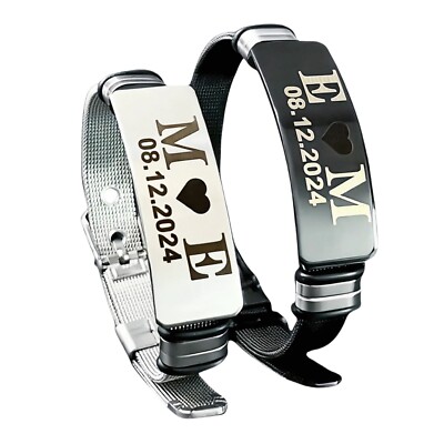 His and Hers Engraved Couple Bracelets   Custom Name Date Stainless Steel