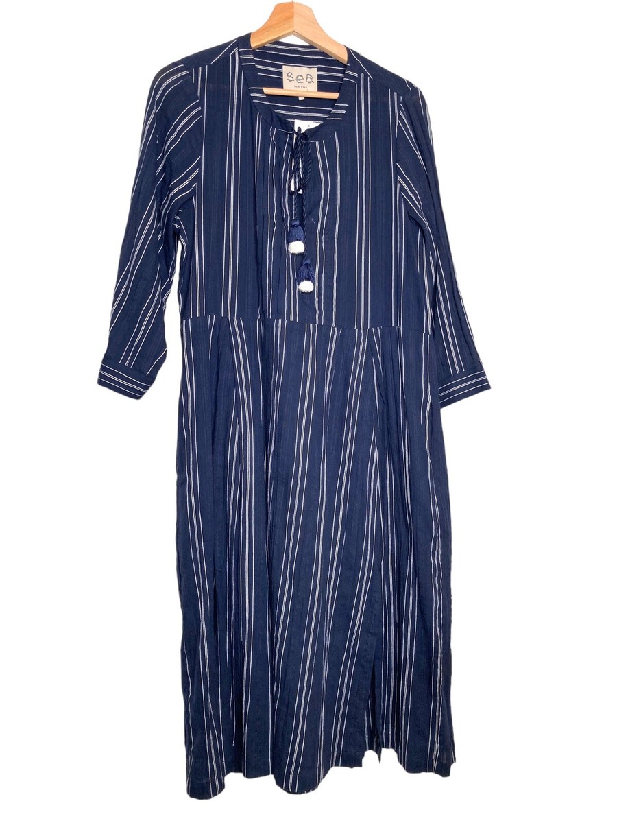 navy blue and white vertical striped dress Striped One Shoulder Bow Detail Dress