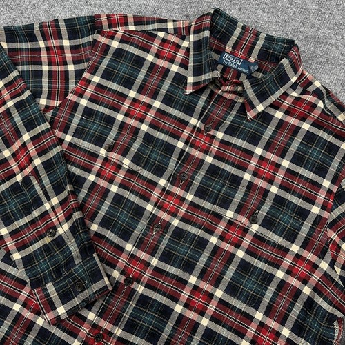 Polo Ralph Lauren Hemd Herren Large Flanell grün rot kariert Seide Wollmischung Vintage