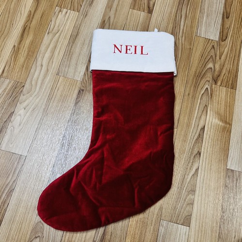 Pottery Barn NEIL Classic White Red Velvet Christmas Stocking Mono NWOT - Picture 3 of 5