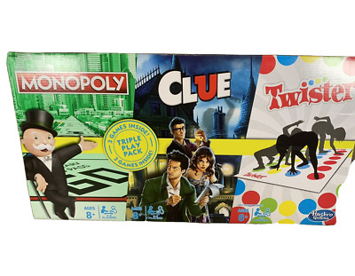 Hasbro MONOPOLY/Clue/Twister Triple Play Pack of 3 Family Board Games All In 1