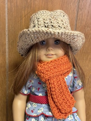 Crochet Access Set Buff Cowgirl Hat  Orange Scarf For American Girl Doll 18 