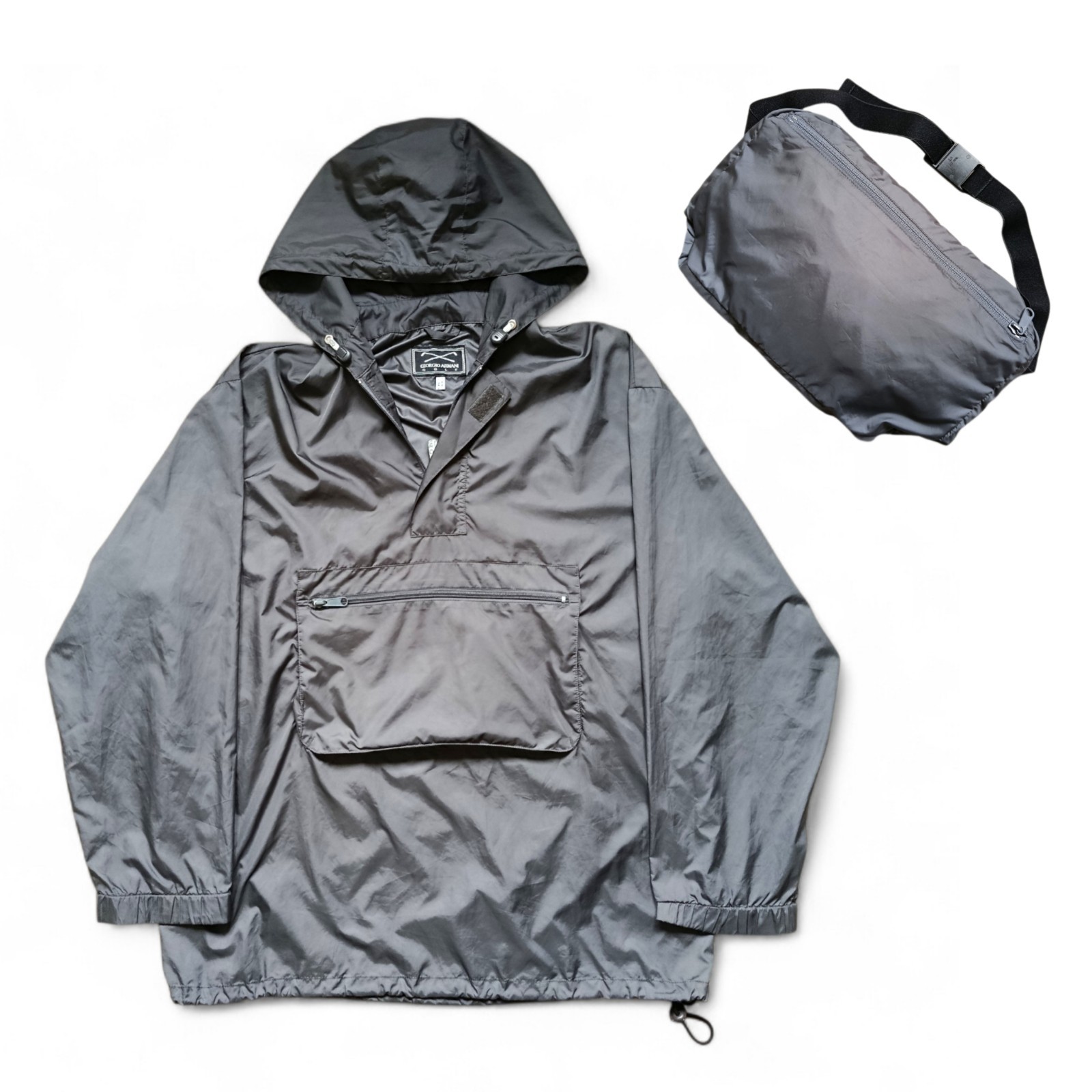 Giorgio Armani 1990s Archive Nylon Grey Technical Packable Windbreaker Smock L