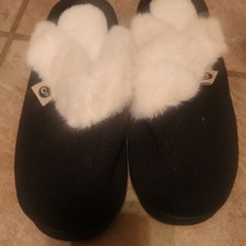 C Women's Black Slip-On Slippers with White Faux Fur Trim Comfort