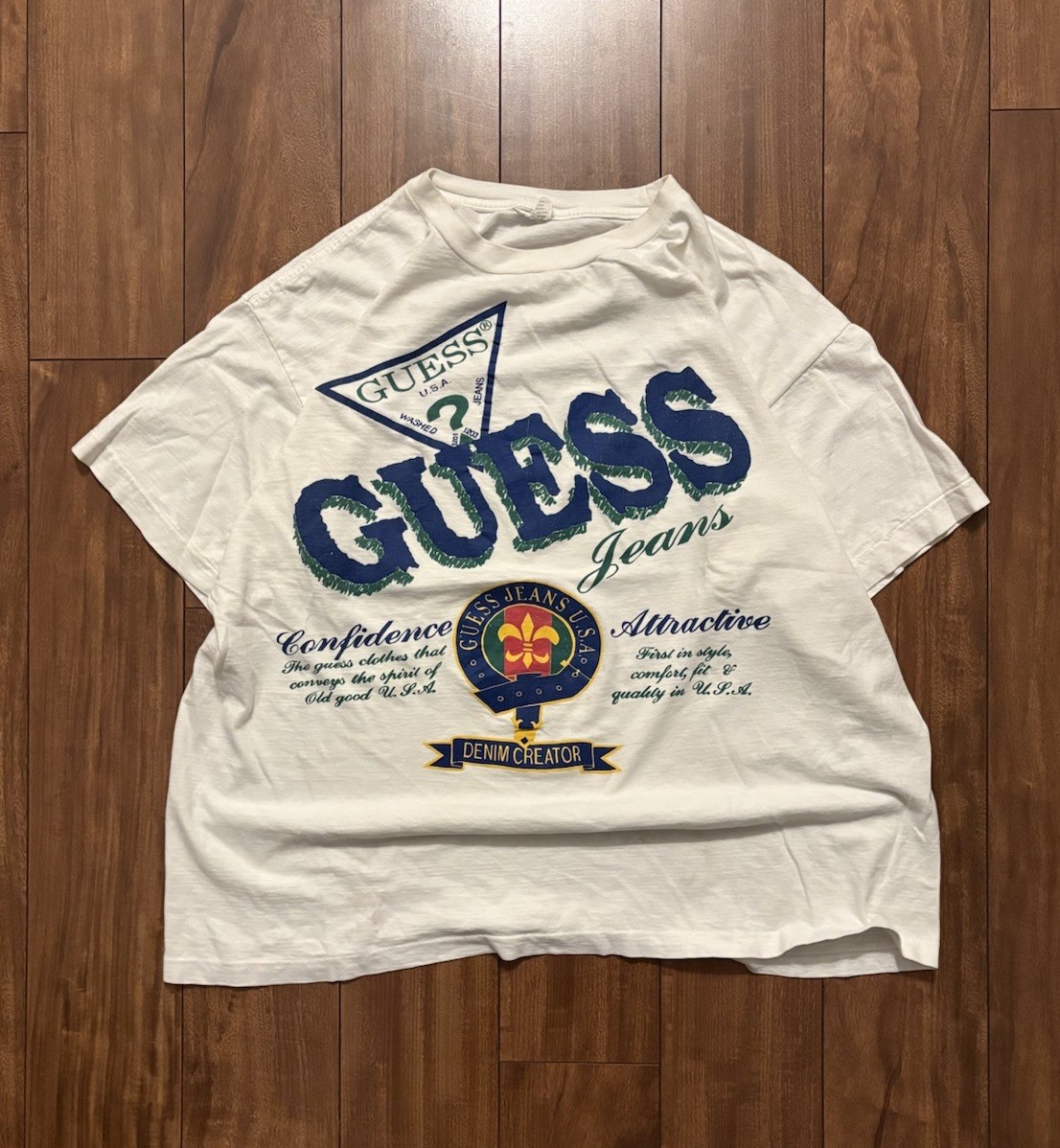 Vintage 90s Guess USA Jeans T-Shirt XL Big Logo Crest Graphic Tee White Rare