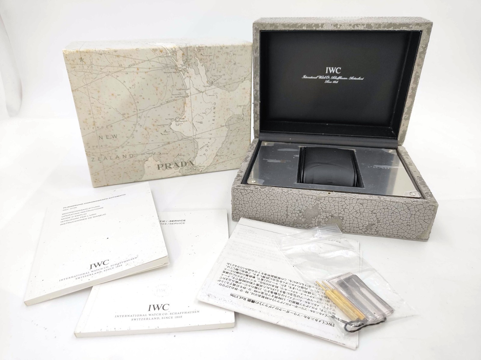 VINTAGE GENUINO IWC PRADA caja de reloj caja blanco gris folleto pin...