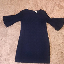 J.CREW Black Solid Shift Dress S Round Neck 3/4 Bell Sleeve Short