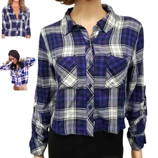 RAILS Hunter Shirt Cropped Long Roll-tab Sleeves Pockets Rian Plaid Rayon S