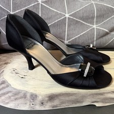 Stuart Weitzman Dressy Heels Sz 6M Black Satin D'Orsay Bling TONIGHT 285 EUC