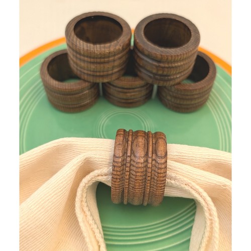Vintage Set of 6 Dark Wood Napkin Rings Ribbed Turned Wood Rustic Table Decor