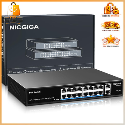 PoE Switch 16 Port Unmanaged 250W 2 Uplink Ports 19 Zoll Rackmontage