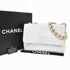 CHANEL CC Chain Shoulder Bag Grained Calfskin Leather White Vintage 834RP178