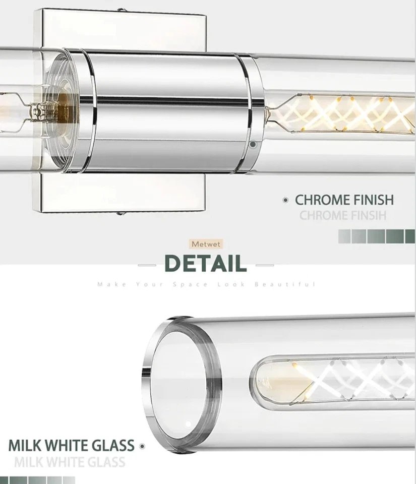 Lámparas de tocador de baño, luces de pared cromadas en pared interior de vidrio transparente... Foto 4 de 4